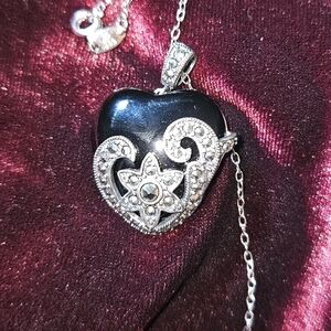 Black Heart Onyx Marcasite Pendant Necklace Filigree